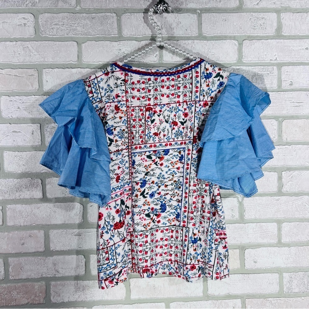 Anthropologie Let Me Be Floral Chambray Ruffle Flutter Sleeve Top Size S - Picture 6 of 10